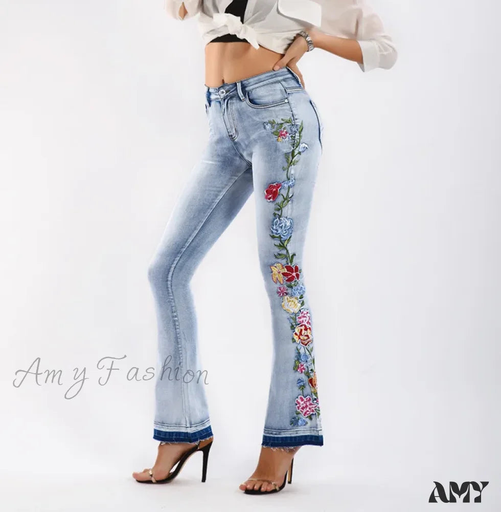 Amy Fashion - Size S-4Xl Elastic Flower Embroidered Flare Womens Retro Style Bell Bottom Skinny