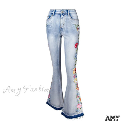 Amy Fashion - Size S-4Xl Elastic Flower Embroidered Flare Womens Retro Style Bell Bottom Skinny