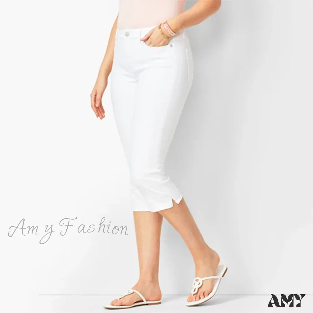 Amy Fashion - Skinny Knee Length Woman’s Cropped Trousers Women Elastic High Waist Mom Oversize