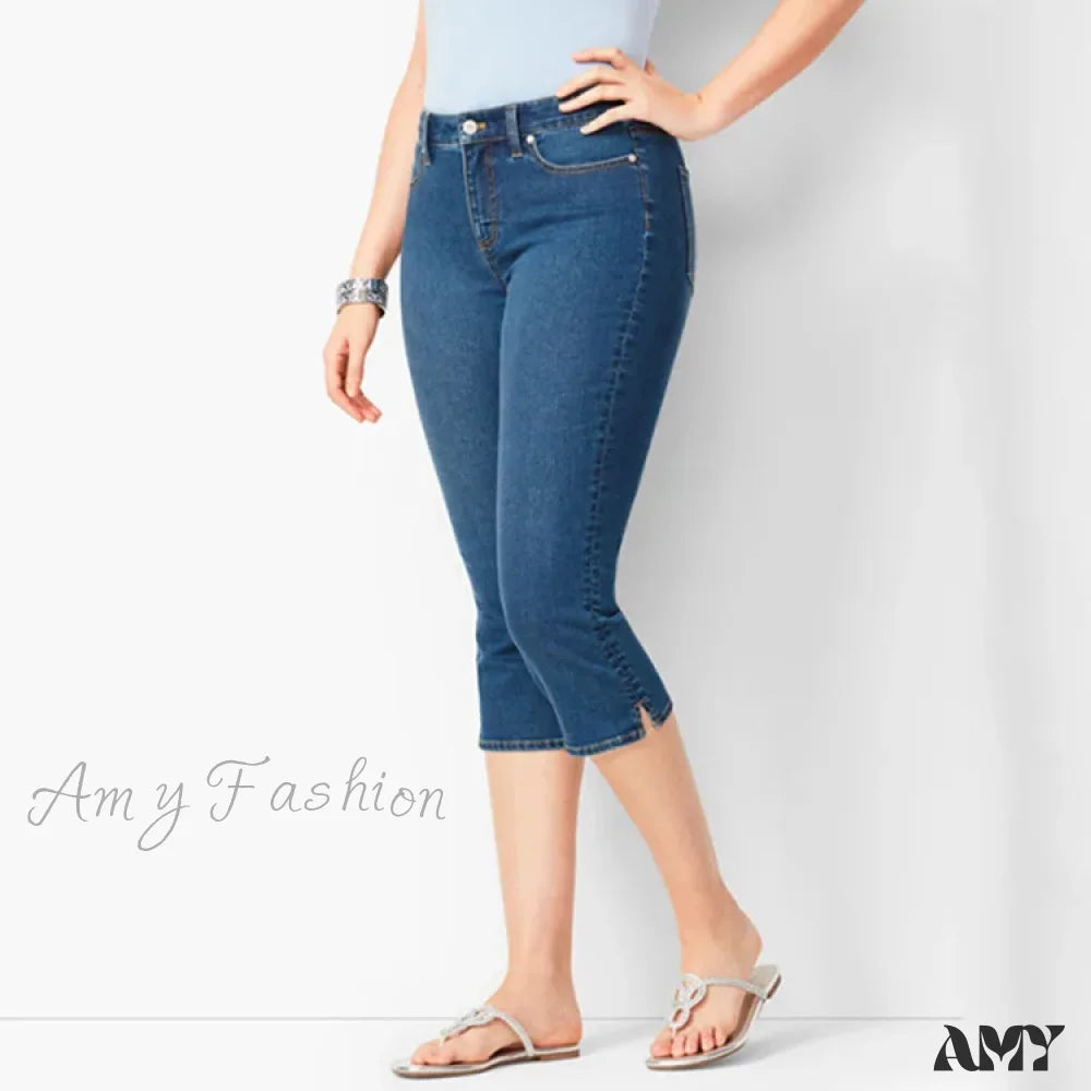 Amy Fashion - Skinny Knee Length Woman’s Cropped Trousers Women Elastic High Waist Mom Oversize