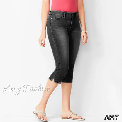 Amy Fashion - Skinny Knee Length Woman’s Cropped Trousers Women Elastic High Waist Mom Oversize