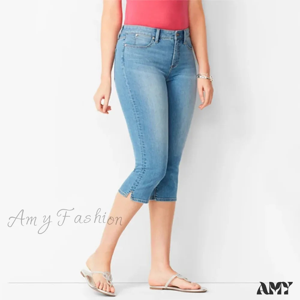 Amy Fashion - Skinny Knee Length Woman’s Cropped Trousers Women Elastic High Waist Mom Oversize