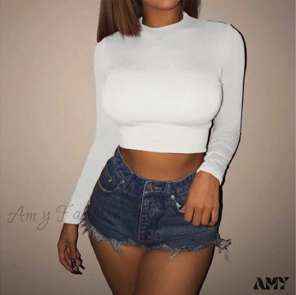 Amy Fashion - Skinny Solid Casual Crop Top White / S