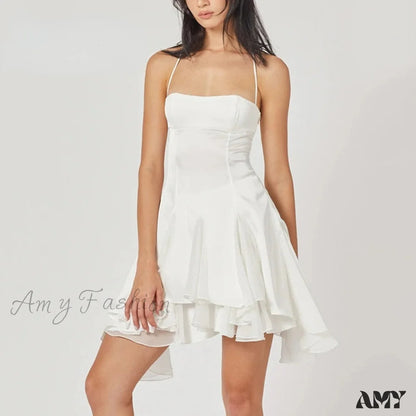 Amy Fashion - Slash Neck Backless Halter Holiday Sleeveless Dress White / S