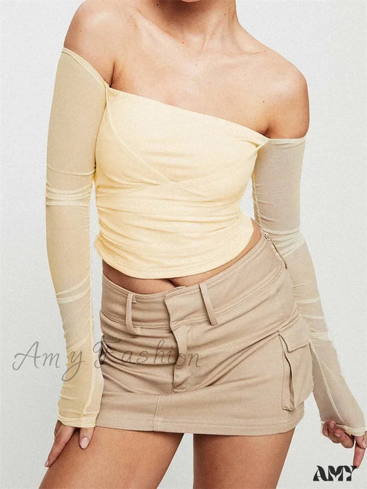 Amy Fashion - Slash Neck Off Shoulder Mesh See Through Long Sleevet-Shirts Beige / S