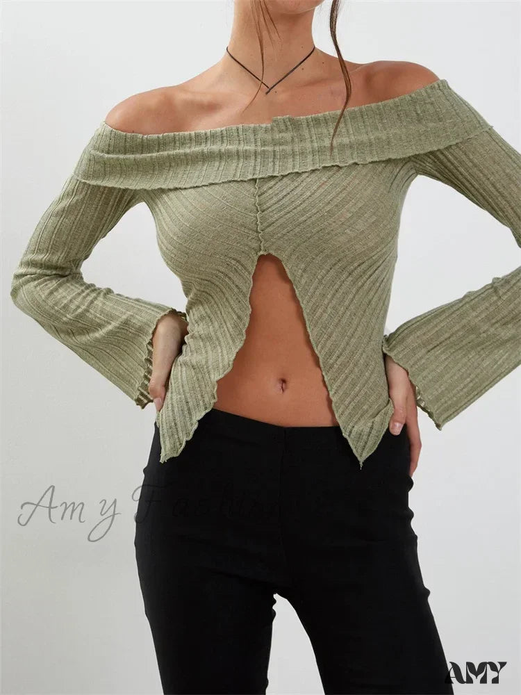 Amy Fashion - Slash Neck Off Shoulder Solid Color Slim Fit T-Shirts