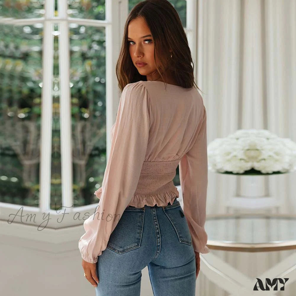 Amy Fashion - Sleeve Ruffle Pleated Top Blouse