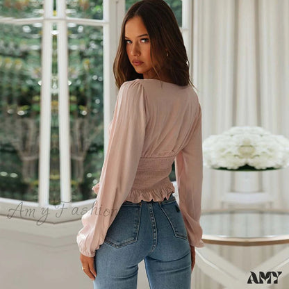 Amy Fashion - Sleeve Ruffle Pleated Top Blouse Pink / S