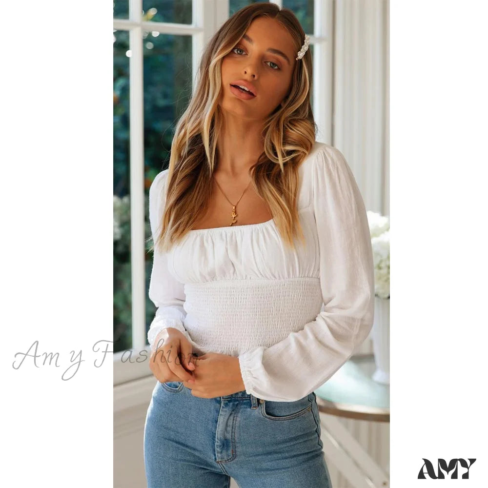 Amy Fashion - Sleeve Ruffle Pleated Top Blouse White / S