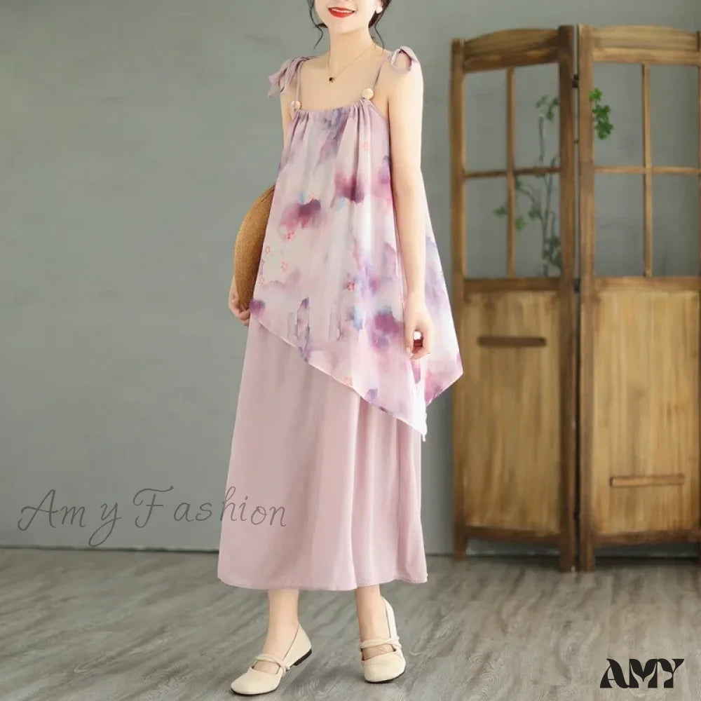 Amy Fashion - Sleeveless Asymmetrical Spaghetti Strap Thin Boho Dress