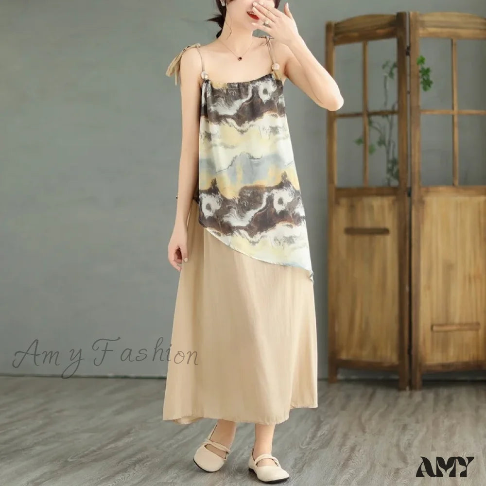 Amy Fashion - Sleeveless Asymmetrical Spaghetti Strap Thin Boho Dress