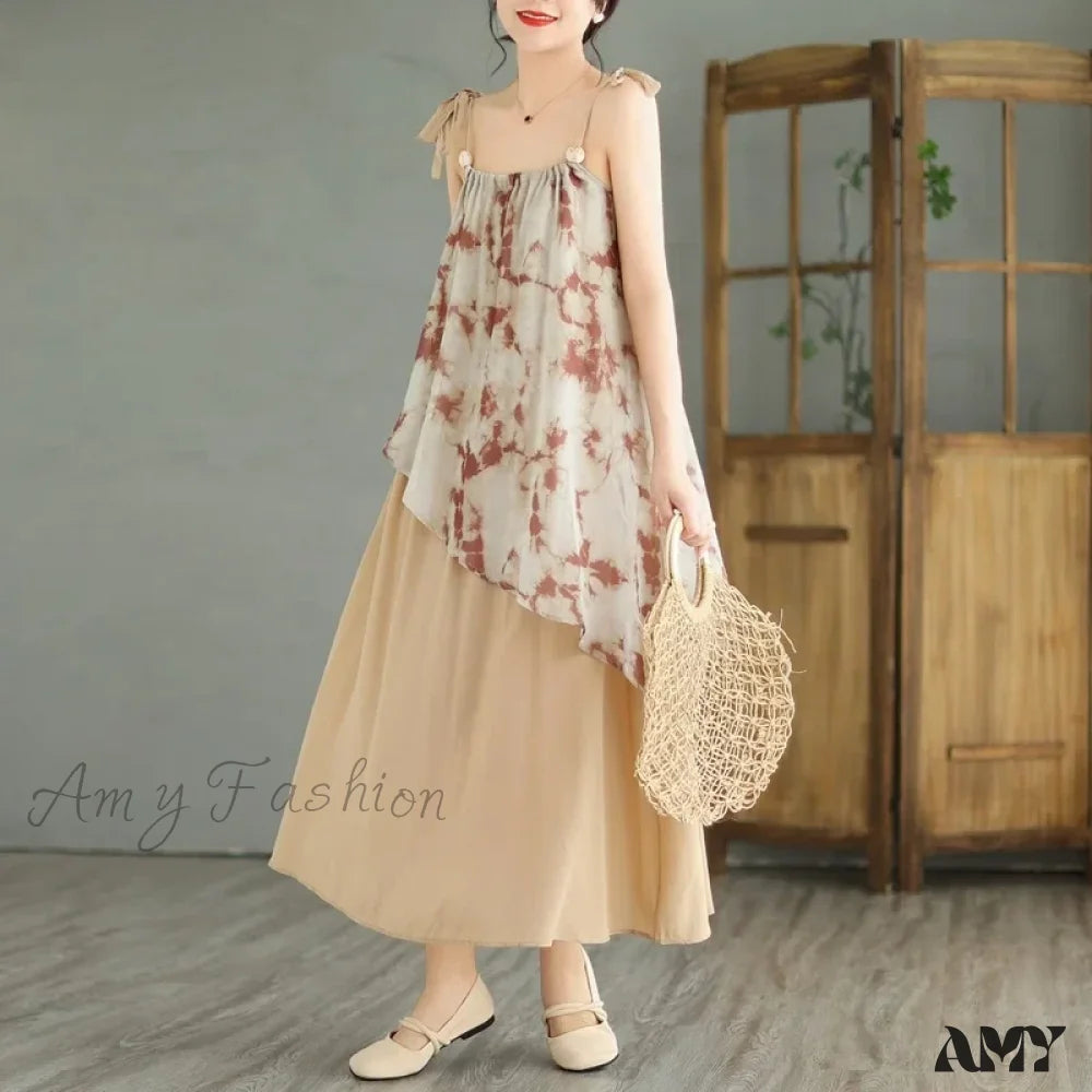 Amy Fashion - Sleeveless Asymmetrical Spaghetti Strap Thin Boho Dress