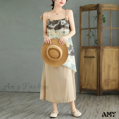 Amy Fashion - Sleeveless Asymmetrical Spaghetti Strap Thin Boho Dress Coffee / M Size (45-55Kg)