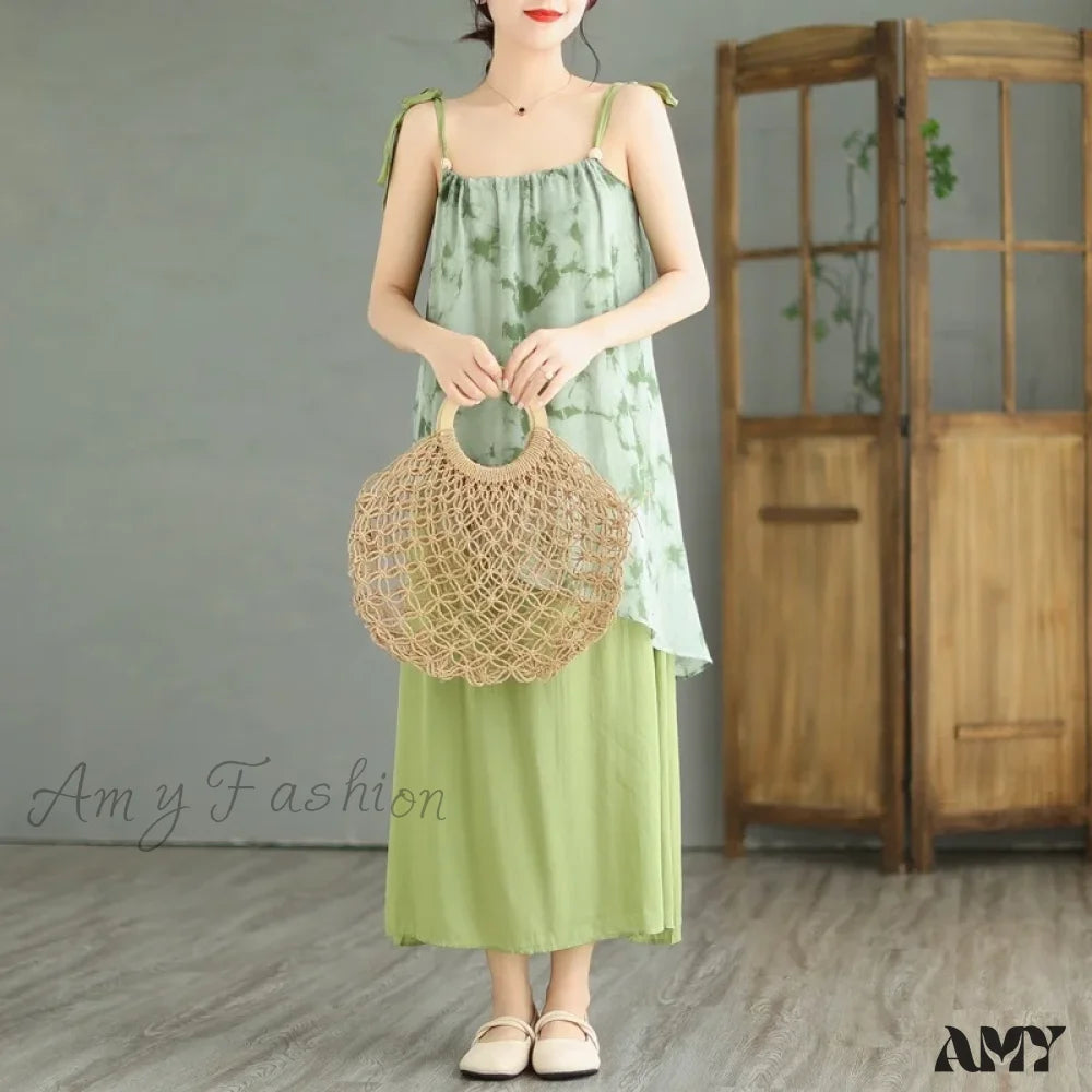 Amy Fashion - Sleeveless Asymmetrical Spaghetti Strap Thin Boho Dress Green / M Size (45-55Kg)