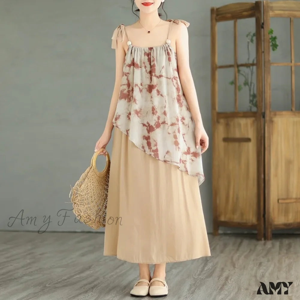 Amy Fashion - Sleeveless Asymmetrical Spaghetti Strap Thin Boho Dress Khaki / M Size (45-55Kg)