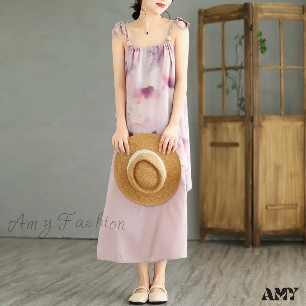 Amy Fashion - Sleeveless Asymmetrical Spaghetti Strap Thin Boho Dress Pink / M Size (45-55Kg)