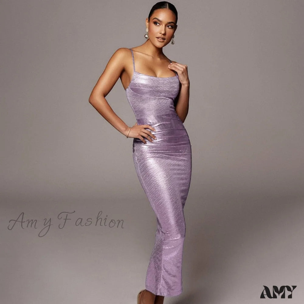 Amy Fashion - Sleeveless Backless Bodycon Club Party Long Dress Purple / S