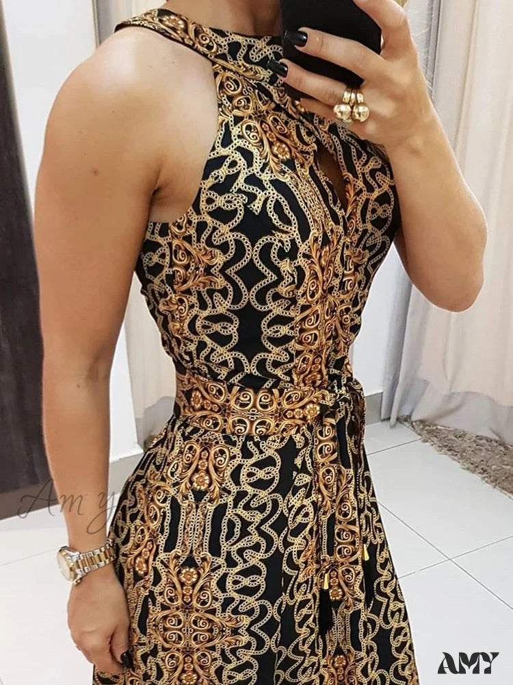 Amy Fashion - Sleeveless Baroque Print Midi Dress