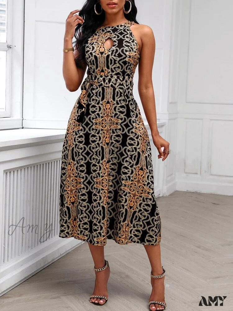 Amy Fashion - Sleeveless Baroque Print Midi Dress