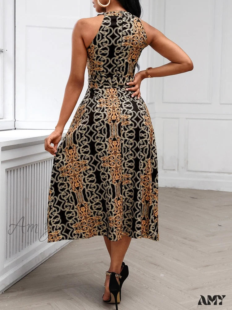 Amy Fashion - Sleeveless Baroque Print Midi Dress