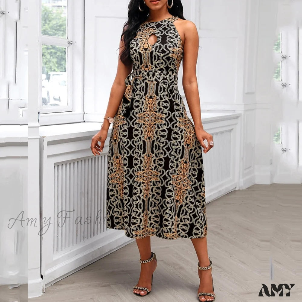 Amy Fashion - Sleeveless Baroque Print Midi Dress