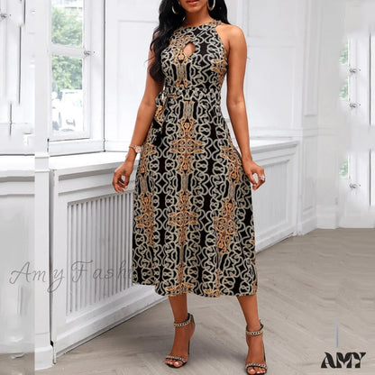 Amy Fashion - Sleeveless Baroque Print Midi Dress