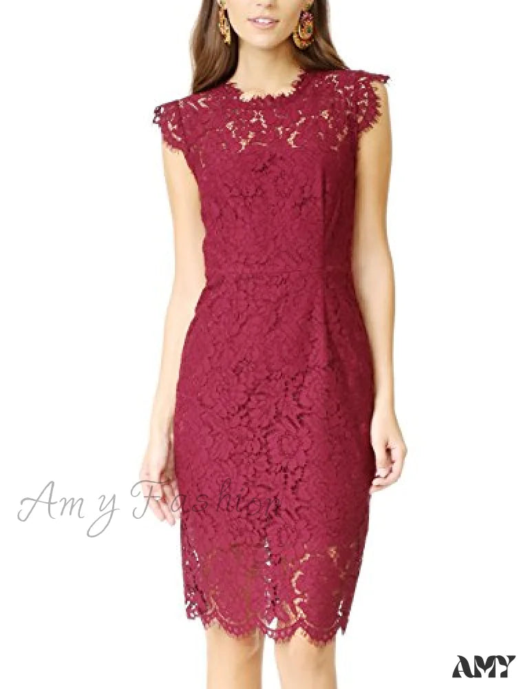 Amy Fashion - Sleeveless Lace Floral Elegant Crew Neck Knee Length Dress