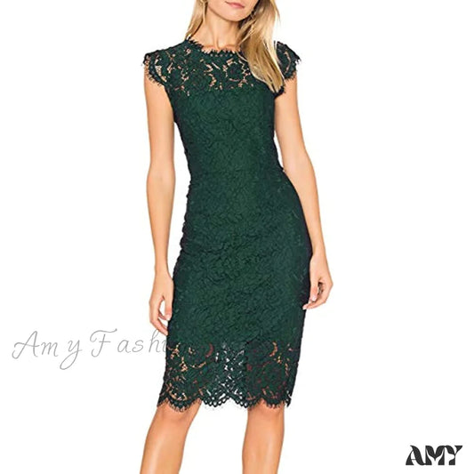 Amy Fashion - Sleeveless Lace Floral Elegant Crew Neck Knee Length Dress