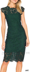 Amy Fashion - Sleeveless Lace Floral Elegant Crew Neck Knee Length Dress A-Dark Green / Small
