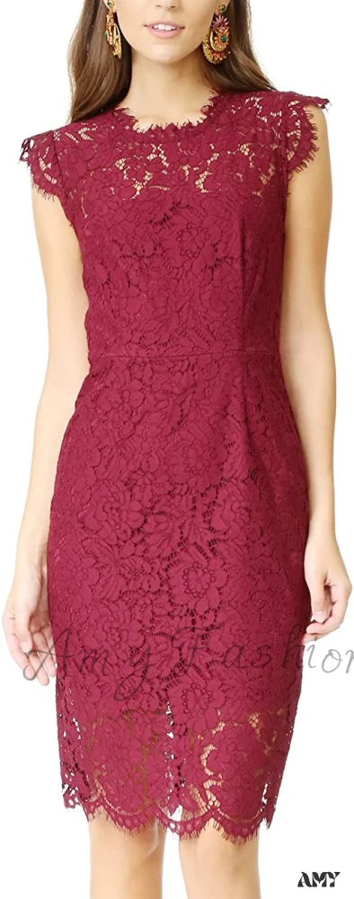Amy Fashion - Sleeveless Lace Floral Elegant Crew Neck Knee Length Dress A-Red / Large