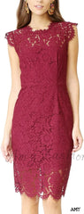 Amy Fashion - Sleeveless Lace Floral Elegant Crew Neck Knee Length Dress A-Red / Large