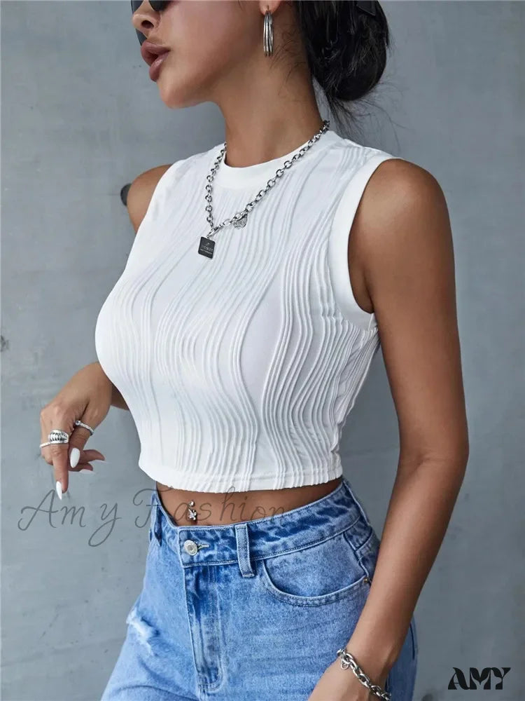 Amy Fashion - Sleeveless Rib Knit Mock Neck Slim Fit Streetwear Crop Top