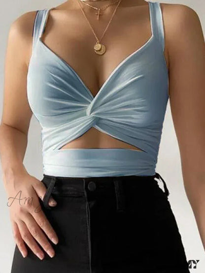 Amy Fashion - Sleeveless Sexy Short Vest Tube Crop Top Blue / S