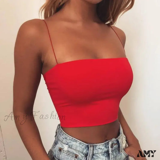 Amy Fashion - Sleeveless Spaghetti Strap Bodycon Sexy Basic Plain Camisole Crop Top