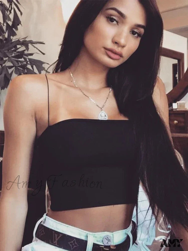 Amy Fashion - Sleeveless Spaghetti Strap Bodycon Sexy Basic Plain Camisole Crop Top Black / S