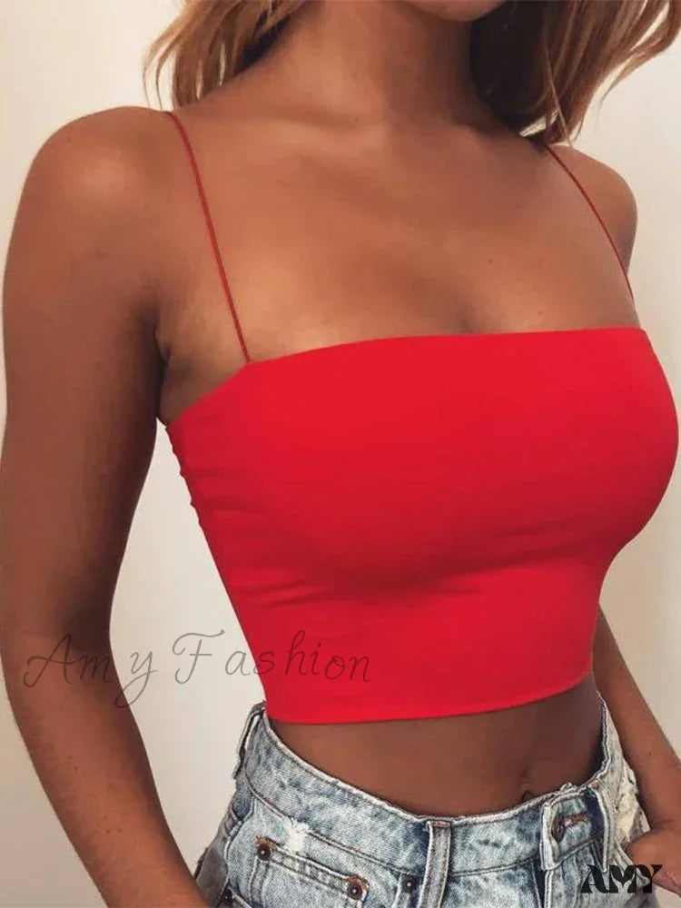 Amy Fashion - Sleeveless Spaghetti Strap Bodycon Sexy Basic Plain Camisole Crop Top Red / S