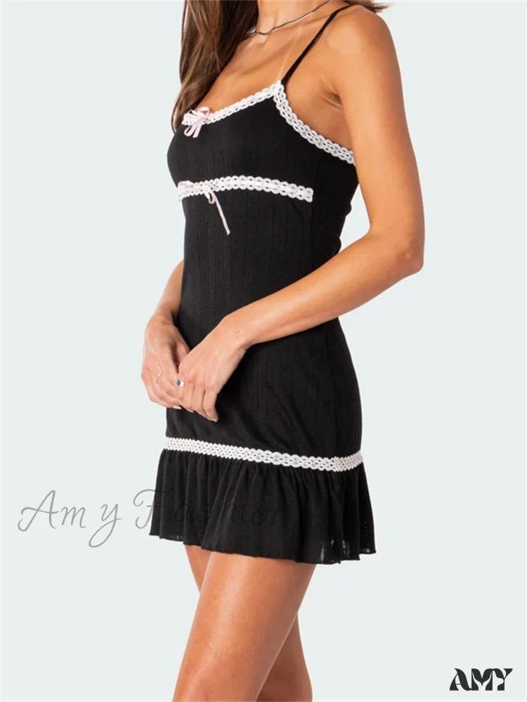 Amy Fashion - Sleeveless Spaghetti Strap Lace Patchwork Summer Party Mini Dress