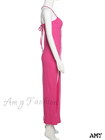 Amy Fashion - Sleeveless Strap Low Cut Sexy Women New Hollow Out Side Split Summer Beach Female