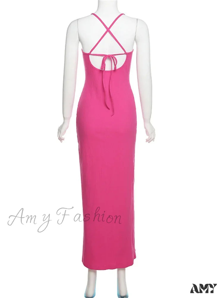 Amy Fashion - Sleeveless Strap Low Cut Sexy Women New Hollow Out Side Split Summer Beach Female