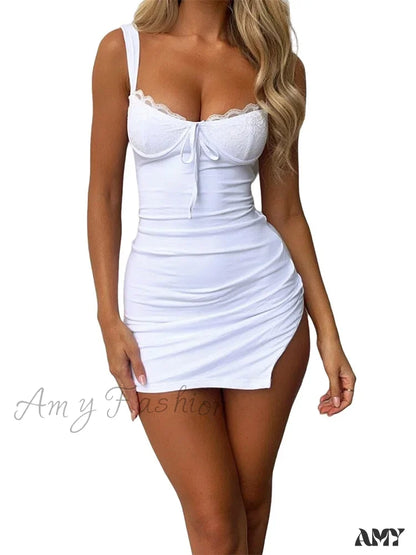 Amy Fashion - Sleeveless Strap Summer Lace Patchwork Ruched Side Split Mini Dress