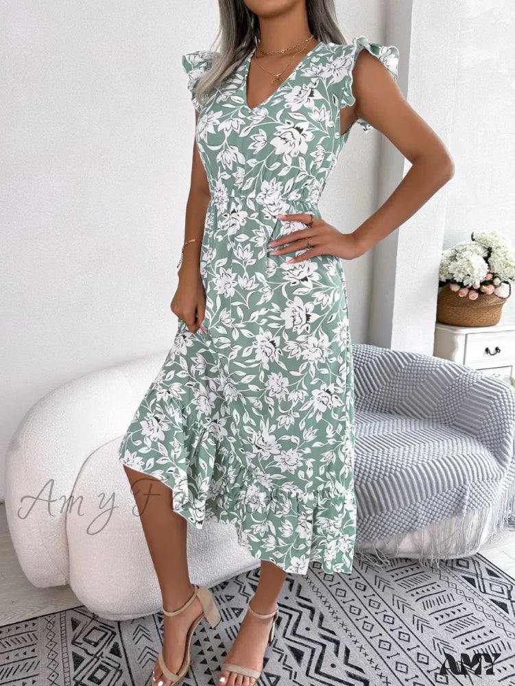 Amy Fashion - Sleeveless V Neck Summer A Line Midi Dress Boho