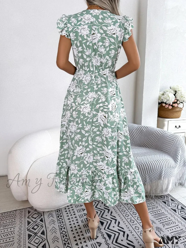 Amy Fashion - Sleeveless V Neck Summer A Line Midi Dress Boho