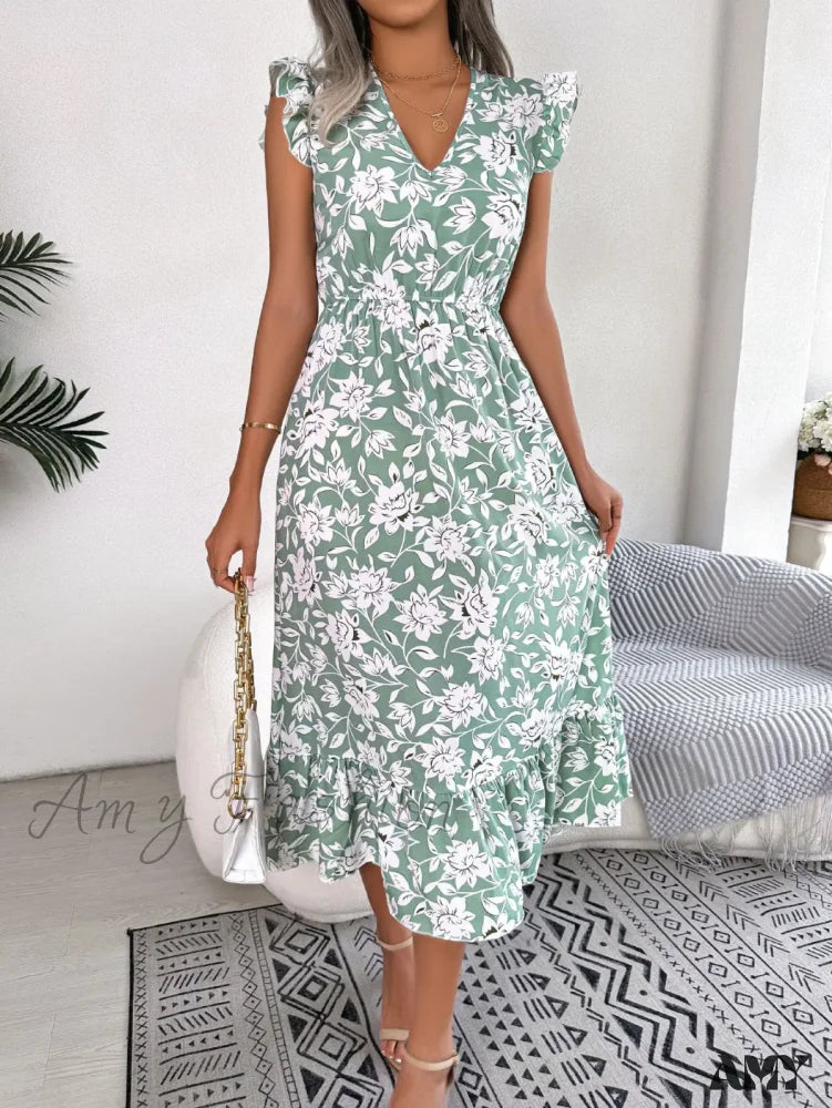 Amy Fashion - Sleeveless V Neck Summer A Line Midi Dress Boho