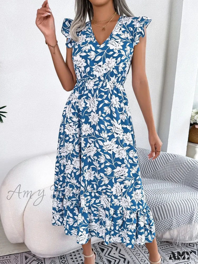 Amy Fashion - Sleeveless V Neck Summer A Line Midi Dress Boho Deep Blue / S