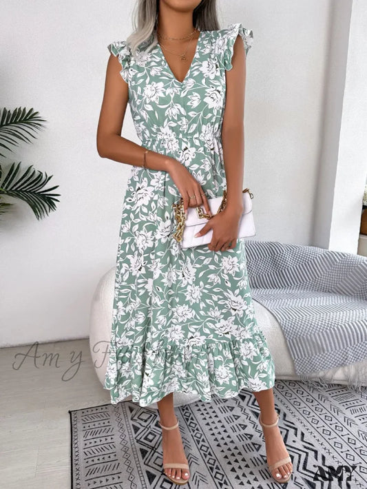 Amy Fashion - Sleeveless V Neck Summer A Line Midi Dress Boho Light Green / S