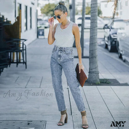 Amy Fashion - Slim Fit High-Waist Vintage Streetwear Casual Blue Denim Jean