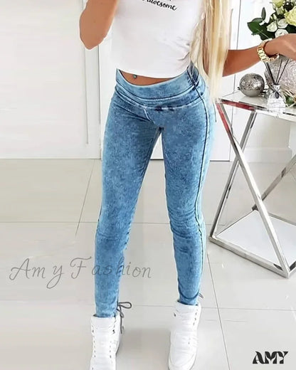 Amy Fashion - Slim-Fit Lace Up For Women Spring Autumn Streetwear Trousers Mid Waist Denim Pencil