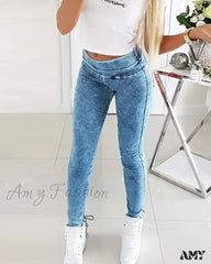 Amy Fashion - Slim-Fit Lace Up For Women Spring Autumn Streetwear Trousers Mid Waist Denim Pencil
