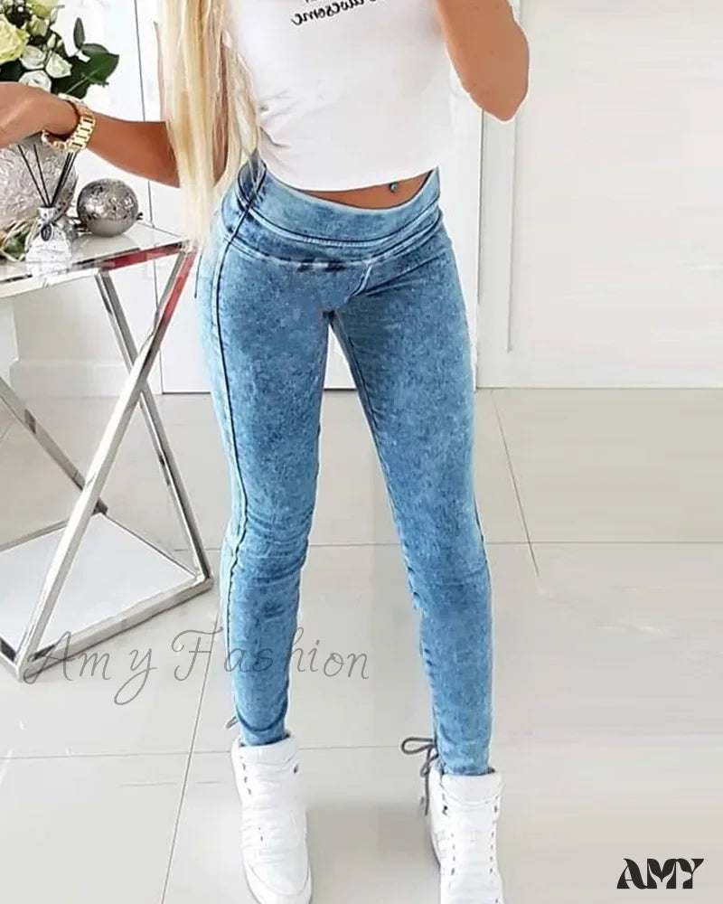 Amy Fashion - Slim-Fit Lace Up For Women Spring Autumn Streetwear Trousers Mid Waist Denim Pencil