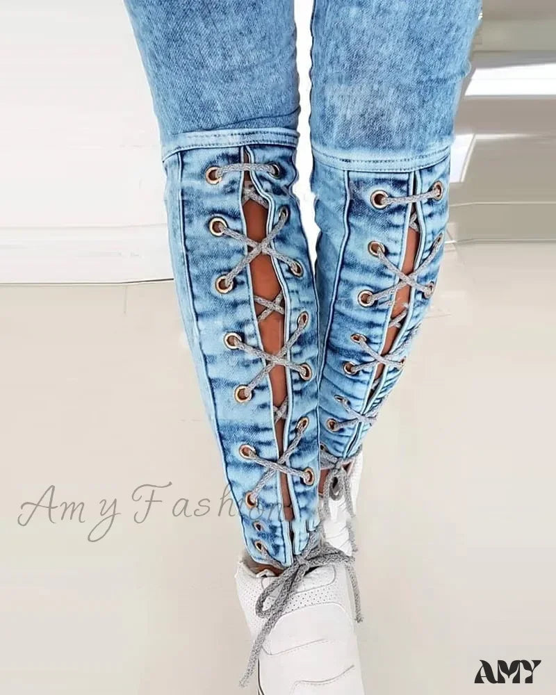 Amy Fashion - Slim-Fit Lace Up For Women Spring Autumn Streetwear Trousers Mid Waist Denim Pencil